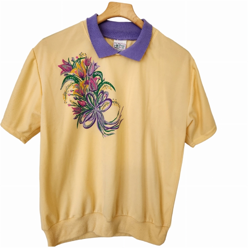 Vintage Haband For Her 80s 90 Granny Yellow Top Purple Collar Short Sleeve Large